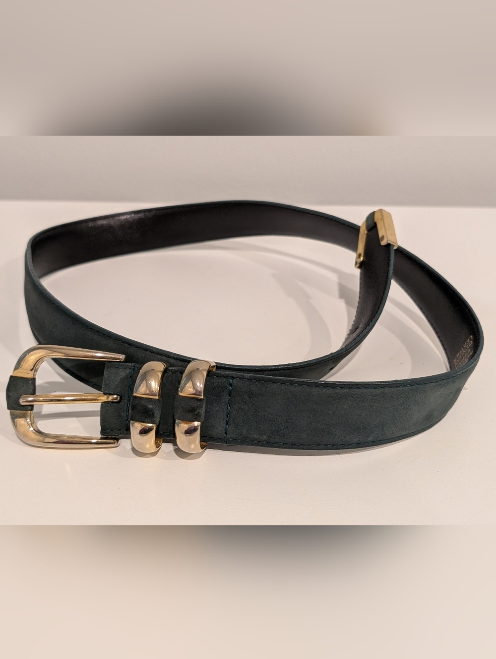 Green Suede Leather Belt with Gold Buckle & Accents